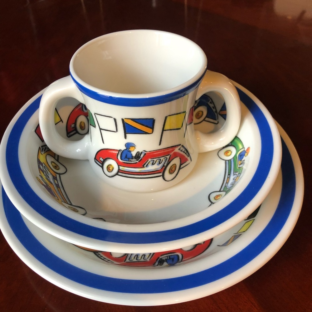 Authentic Tiffany set of Porcelain racing themed baby dinnerware.